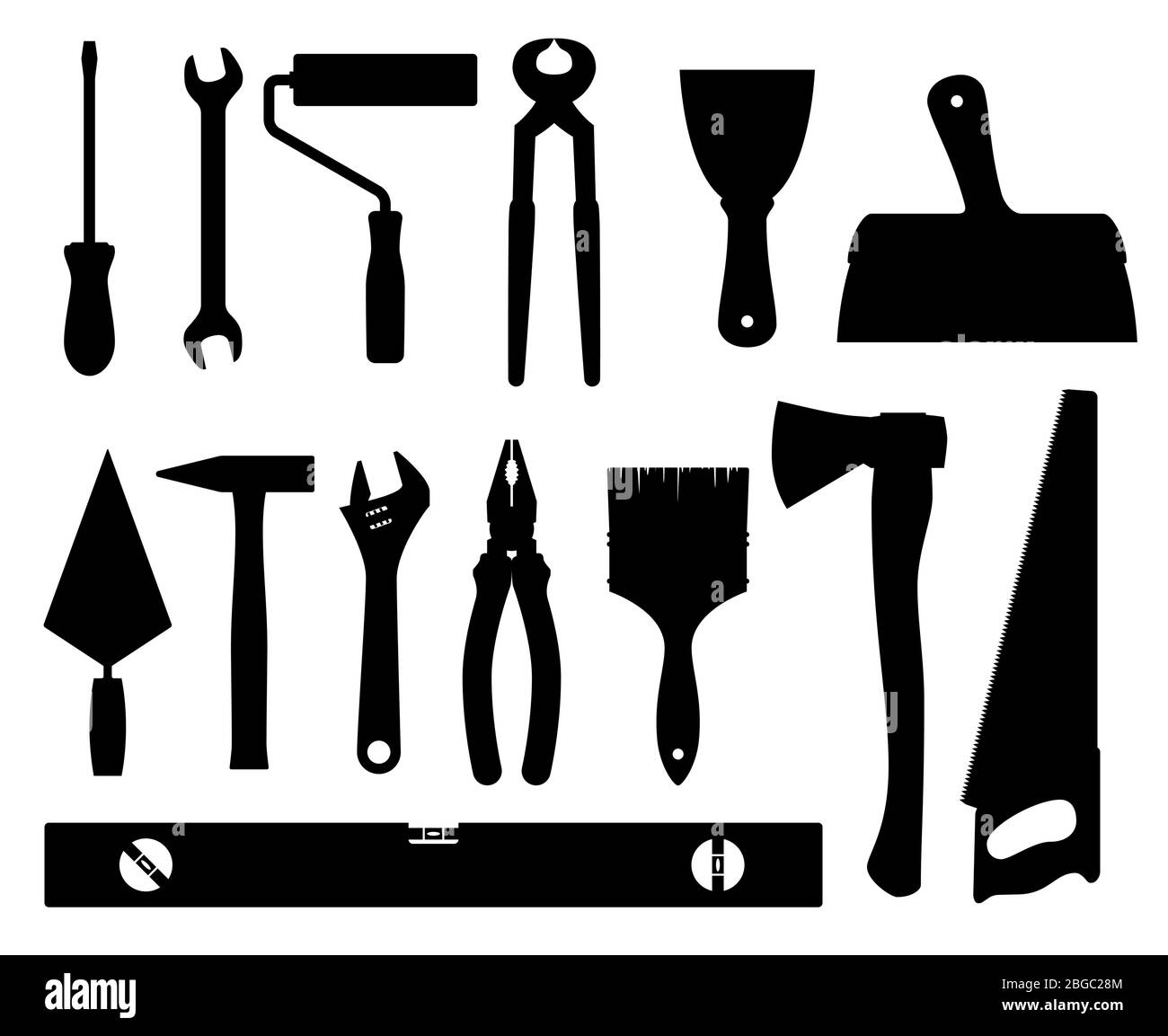 Construction tools vector black silhouettes isolated on white background. Equipment tools hammer screwdriver, pliers and spanner illustration Stock Vector