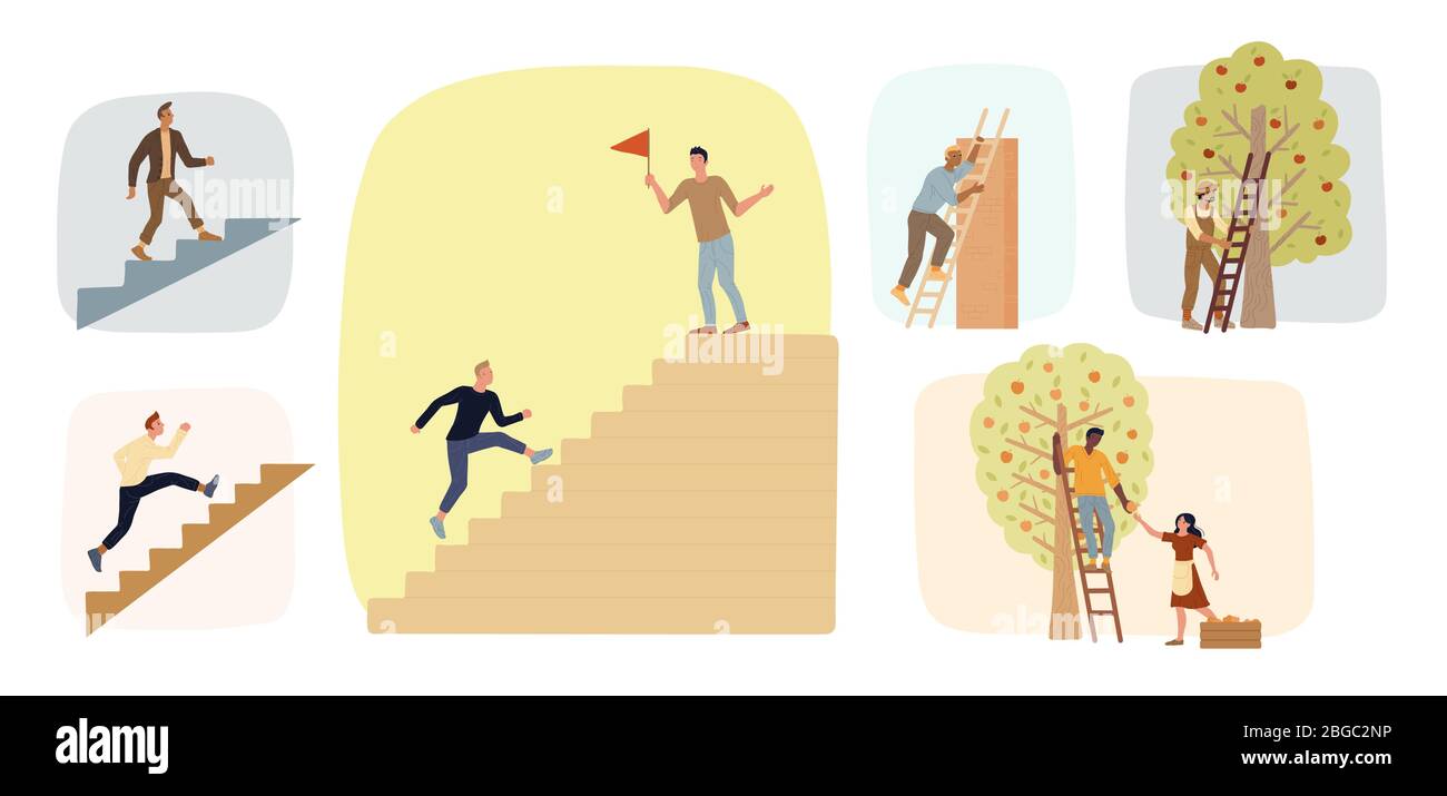 Big set of men climbing stairs. Farmers using ladders to gathering fruit harvest. Achieving ambitions. Stock Vector
