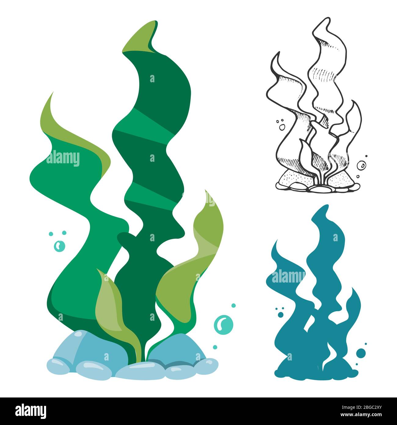 Doodle, silhouette and cartoon seaweeds set. Underwater plants, vector illustration Stock Vector