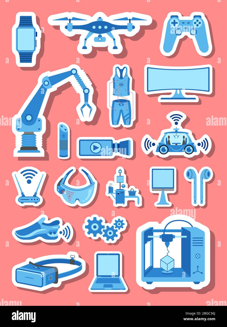 High technology icons group set in blue tones. All the icon objects, shadows and background are in different layers. Stock Vector