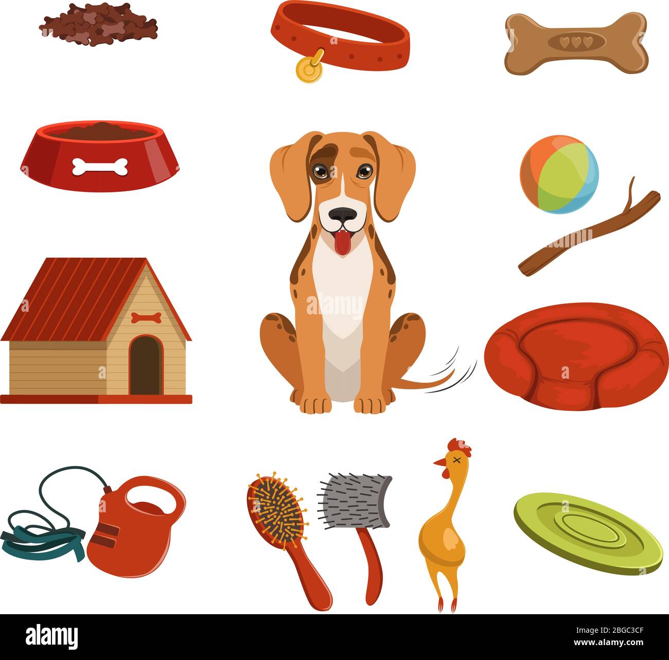 Different accessories for domestic pet. Dog in house. Vector