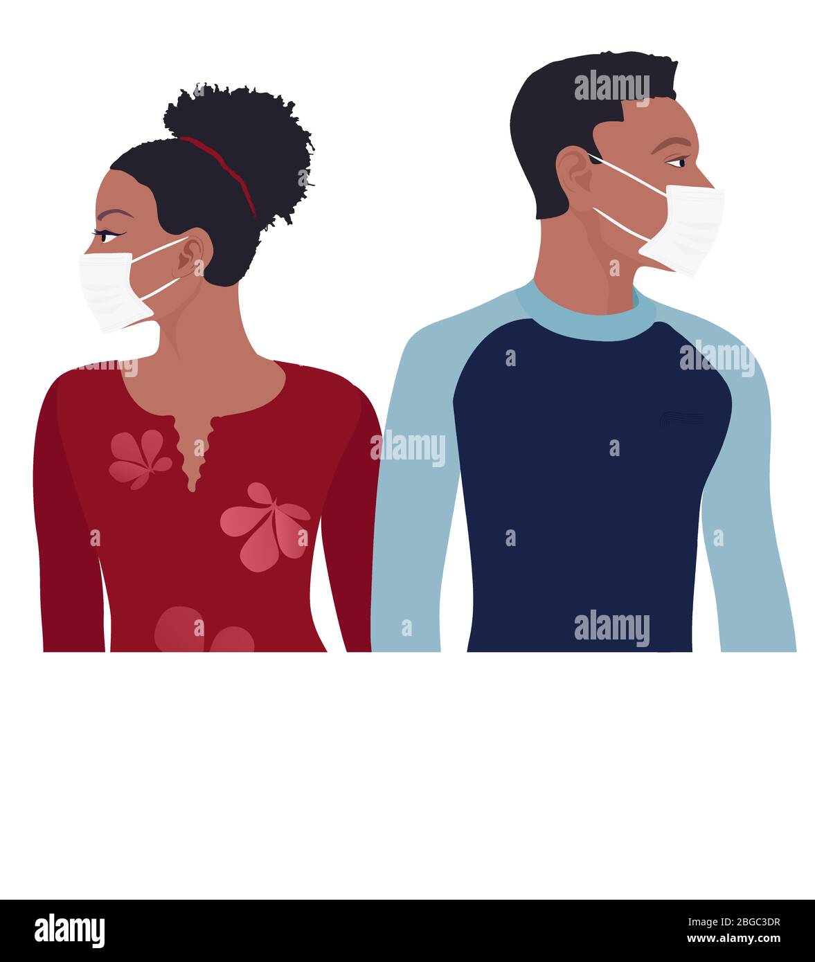 African American man woman couple with medical mask. Separation or divorce between couples with problems of cohabitation due to the lockdown due to th Stock Vector