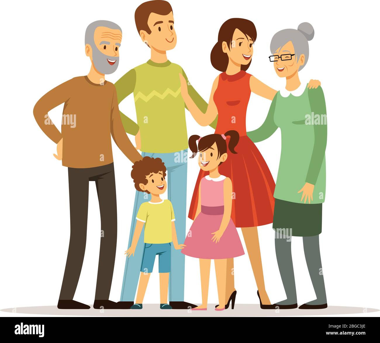 Vector illustration of big family with mother, father, grandmother and grandfather. Smiling peoples standing at action poses Stock Vector