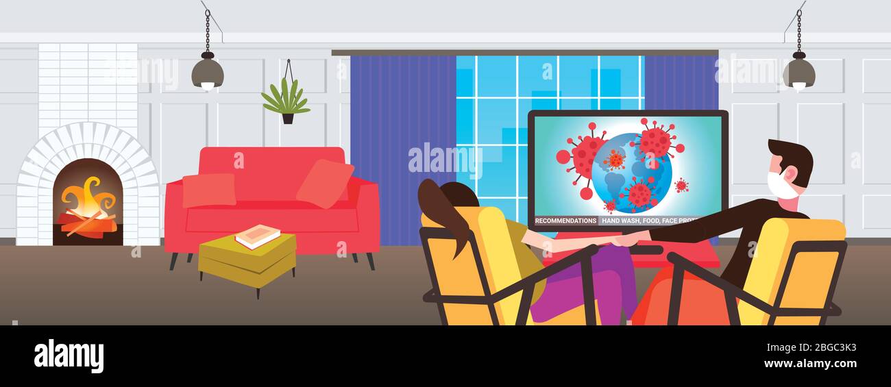 couple sitting at home on self-isolation man woman in masks watching tv 2019-nCoV flu spreading of world floating influenza virus concept living room interior horizontal portrait vector illustration Stock Vector