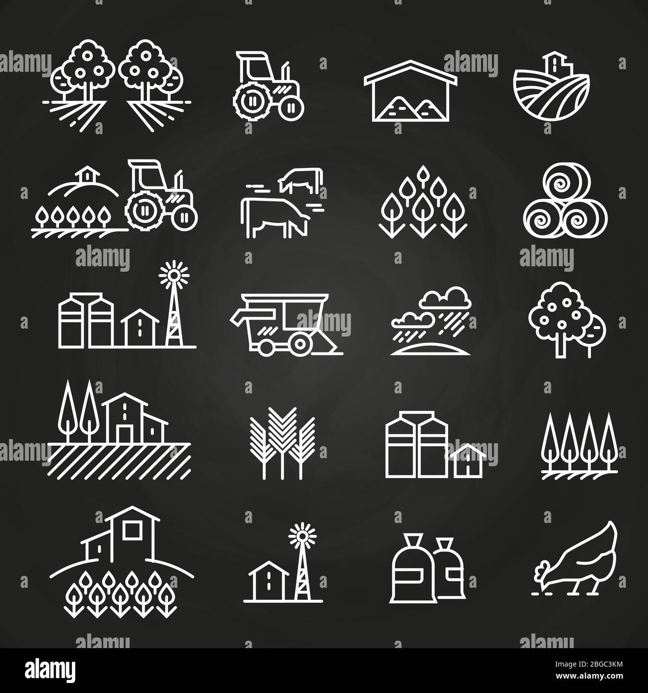 White farm icons and concepts on blackboard. Farm agriculture, village and tractor, field harvest illustration Stock Vector