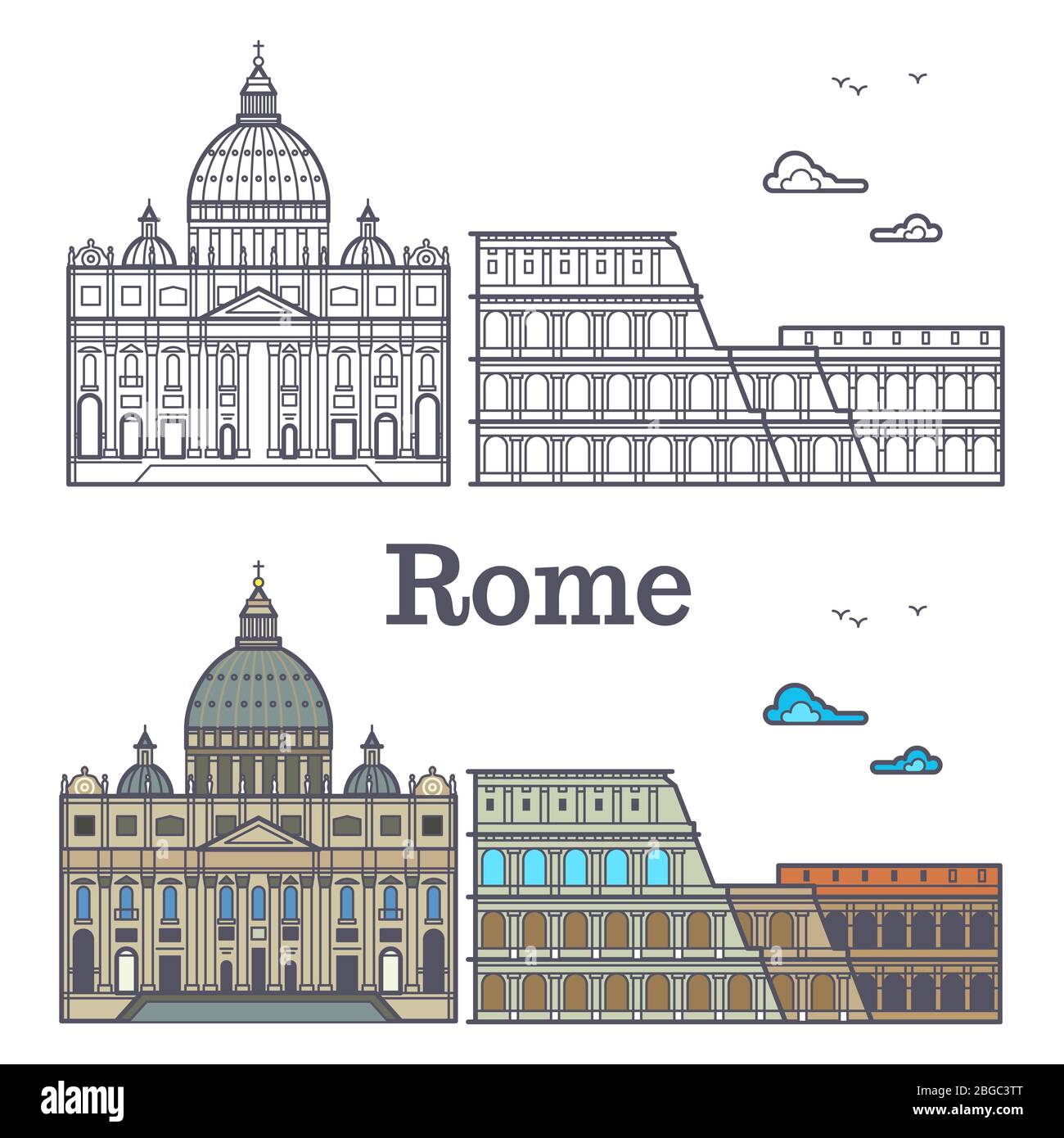 Famous Rome buildings - line cathedral and coliseum. Vector illustration Stock Vector