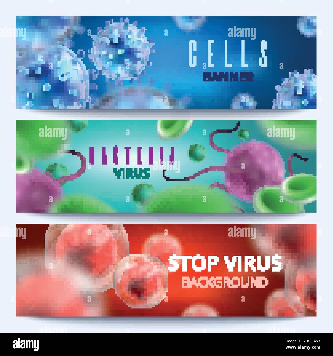 Microbiology and medical vector web banners with 3d bacteria and viruses. Virus and bacteria microbe medical illustration Stock Vector