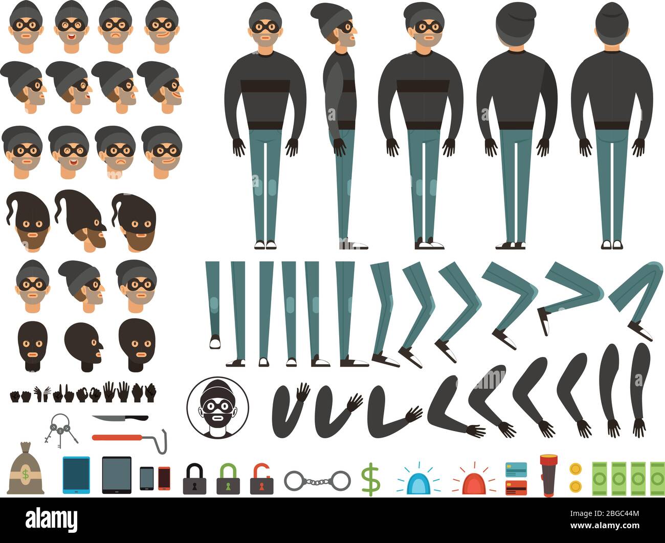 Mascot or character design of bandit. Vector creation kit with specific elements and different body parts Stock Vector