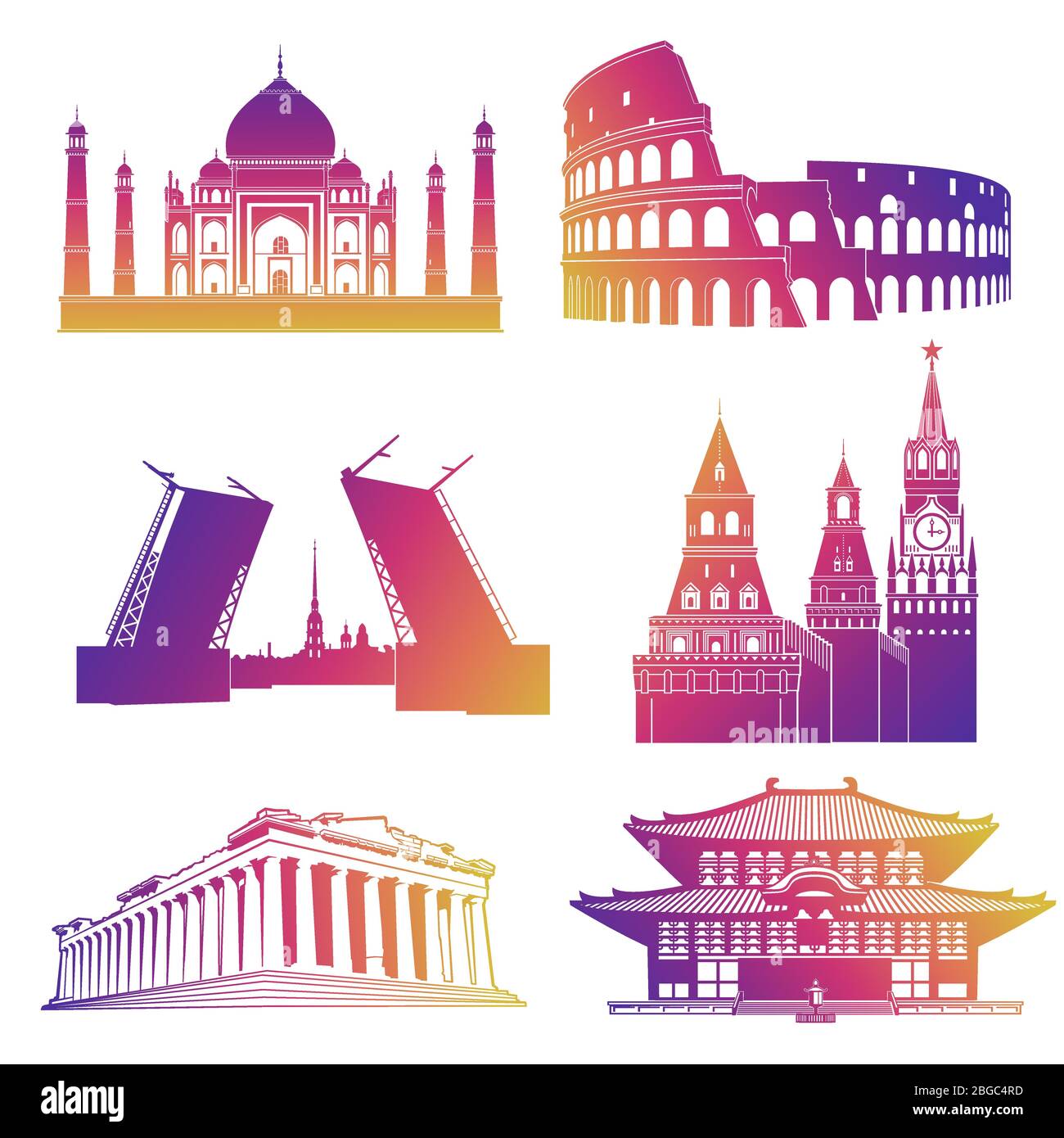Colorful famous landmarks silhouettes icons isolated on white background. Vector illustration Stock Vector