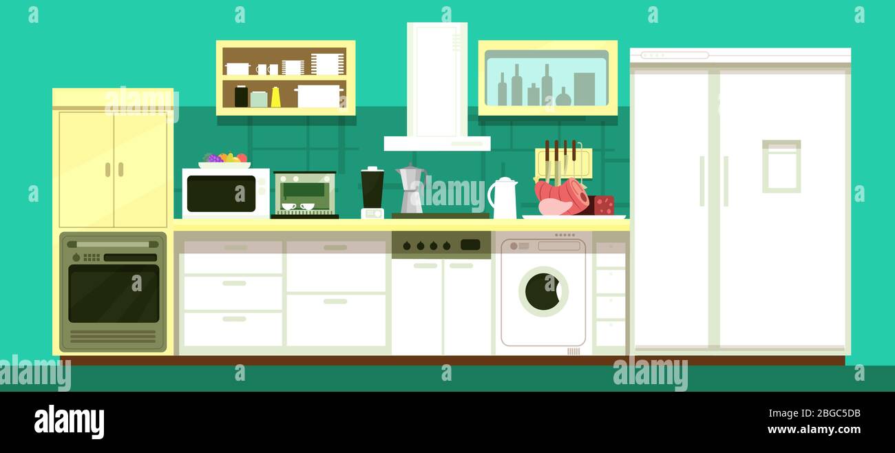 Nobody cartoon kitchen room vector interior. Illustration of kitchen interior furniture for dining Stock Vector