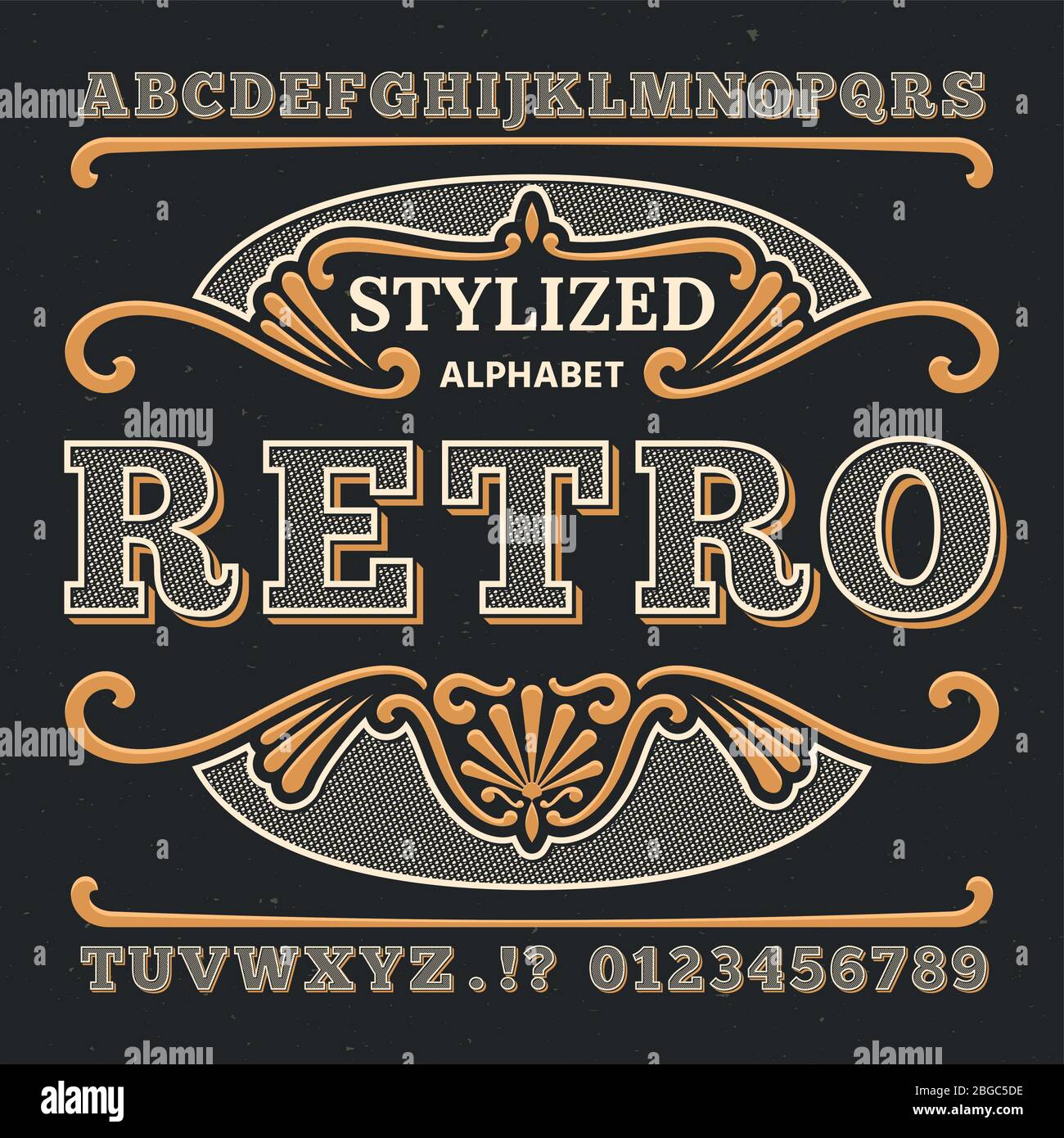 Vintage western 3d typography. Gothic retro vector type. Retro numbers and letters. Abc text, alphabet type vintage, gothic typography and number illustration Stock Vector