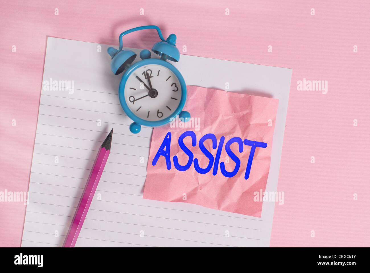 Word writing text Assist. Business photo showcasing help them to do a job or task by doing part of the work for them Striped paper sheet note pencil v Stock Photo