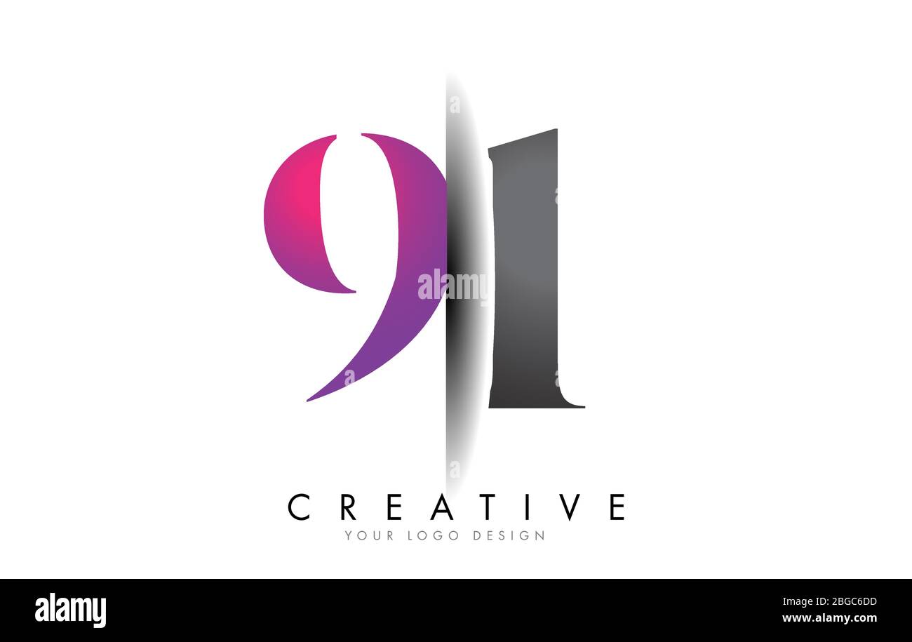 91 9 1 Grey and Pink Number Logo with Creative Shadow Cut Vector Illustration Design. Stock Vector