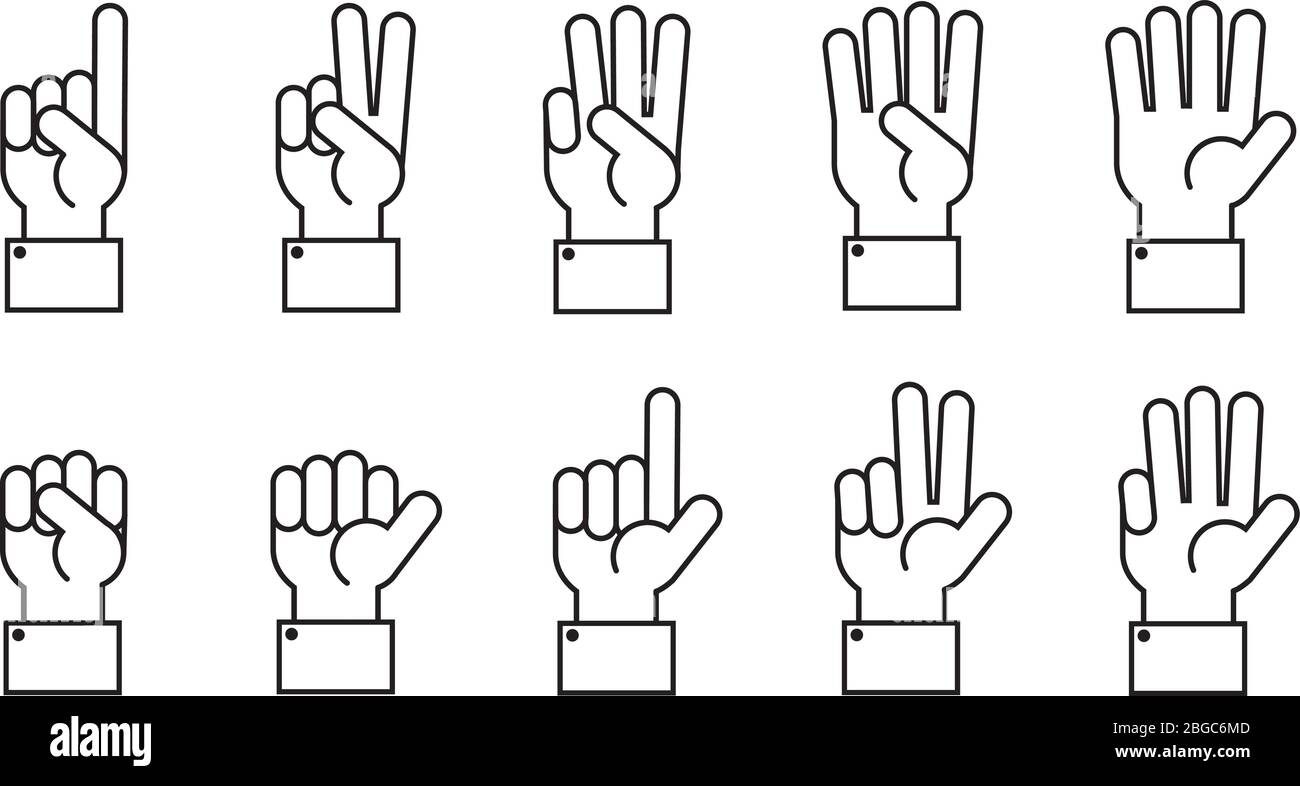 Hand with counting fingers vector line symbols. Human hand and finger gesture symbol illustartion Stock Vector