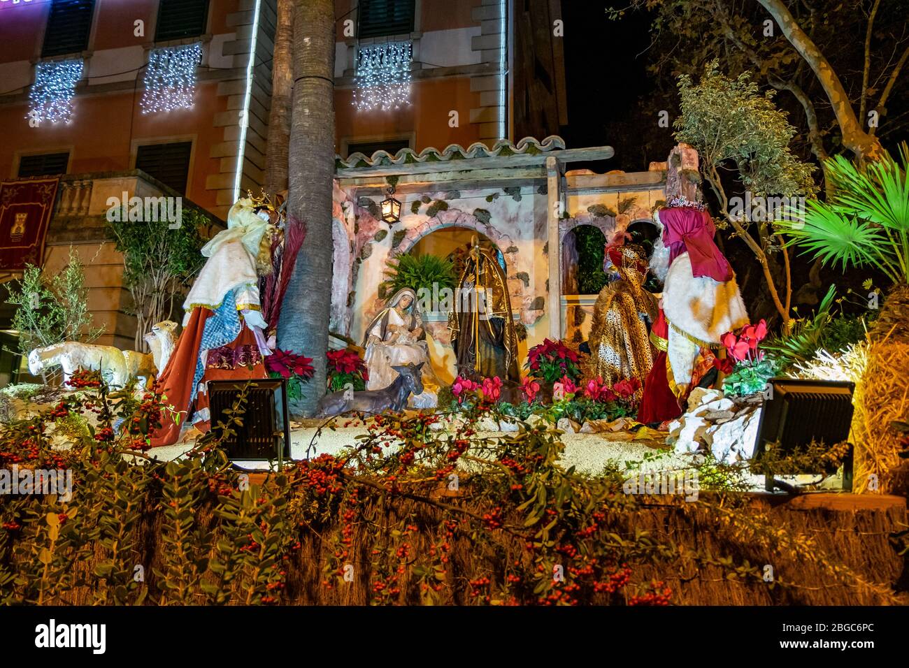 Nativity scene at night in Castelldefels, Catalonia, Spain Stock Photo