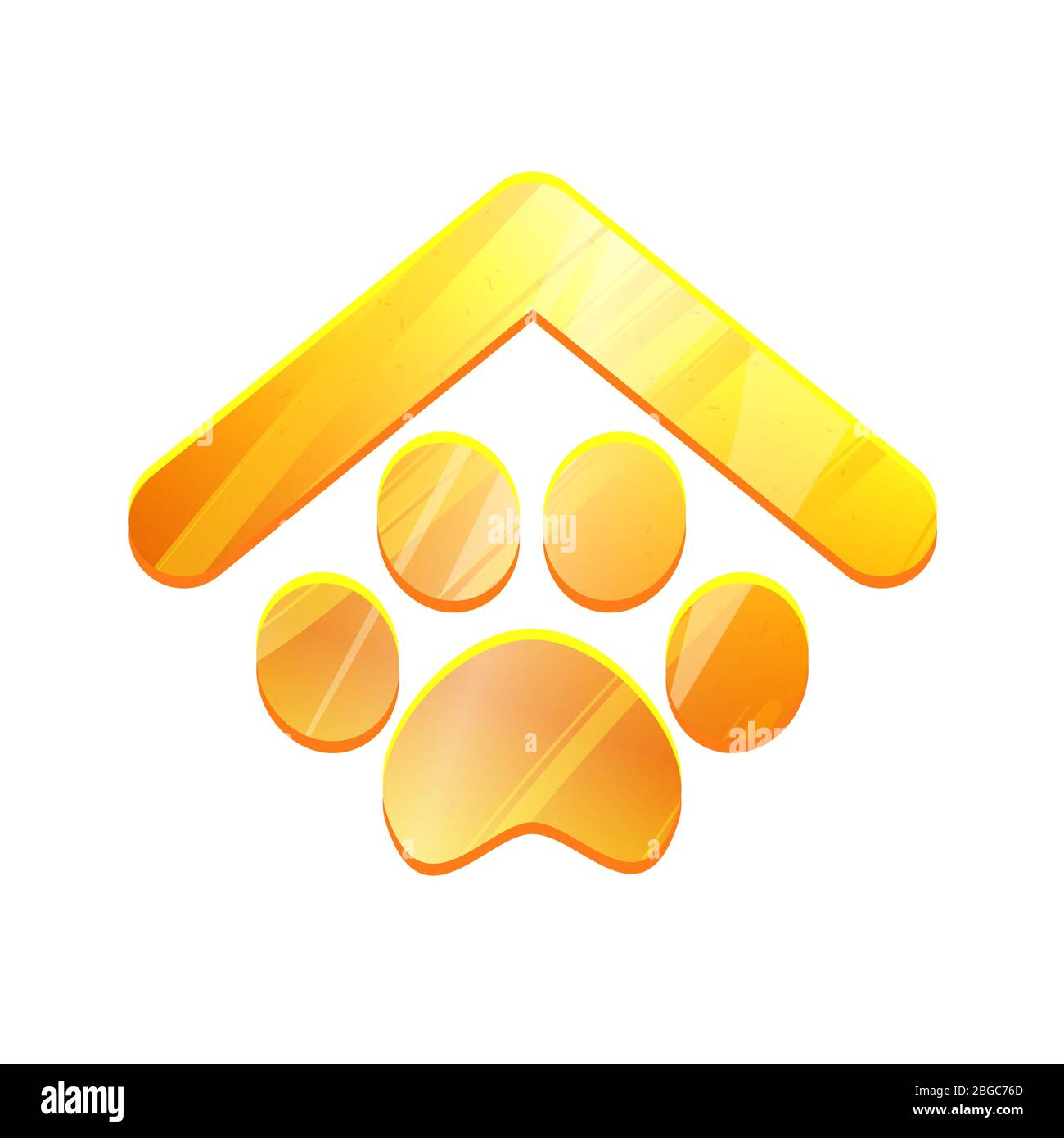 Pets house gold logo isolated on white background. Symbol of animal hotel vector icon. Paw sign under roof. Zoo market graphic element. Pet home web element in Simple shape. Metal cats footprint. Stock Vector