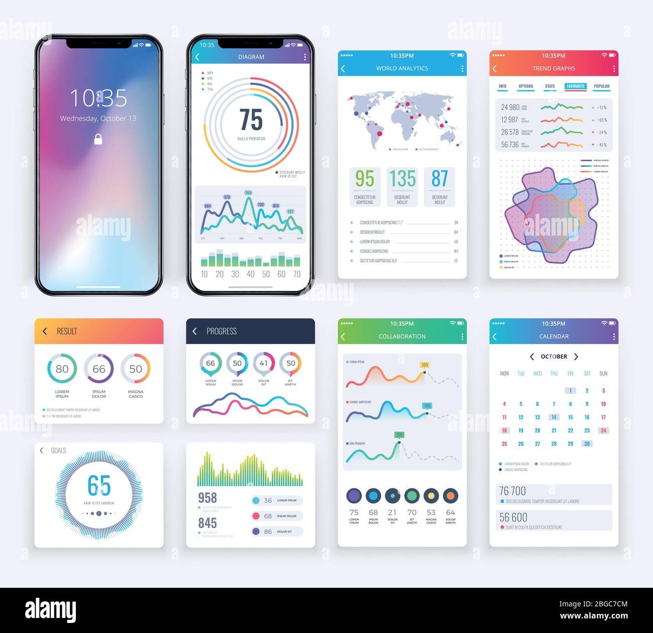 Smartphone ui set with data business graphs for mobile app. Interface smartphone infographic and colored chart with map illustration Stock Vector