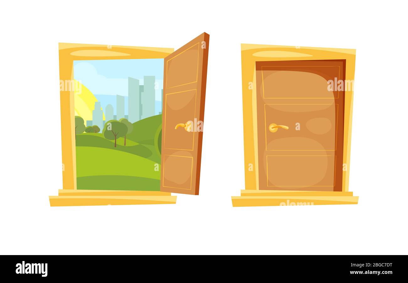 Closed and opened door with sunset landscape behind Stock Vector