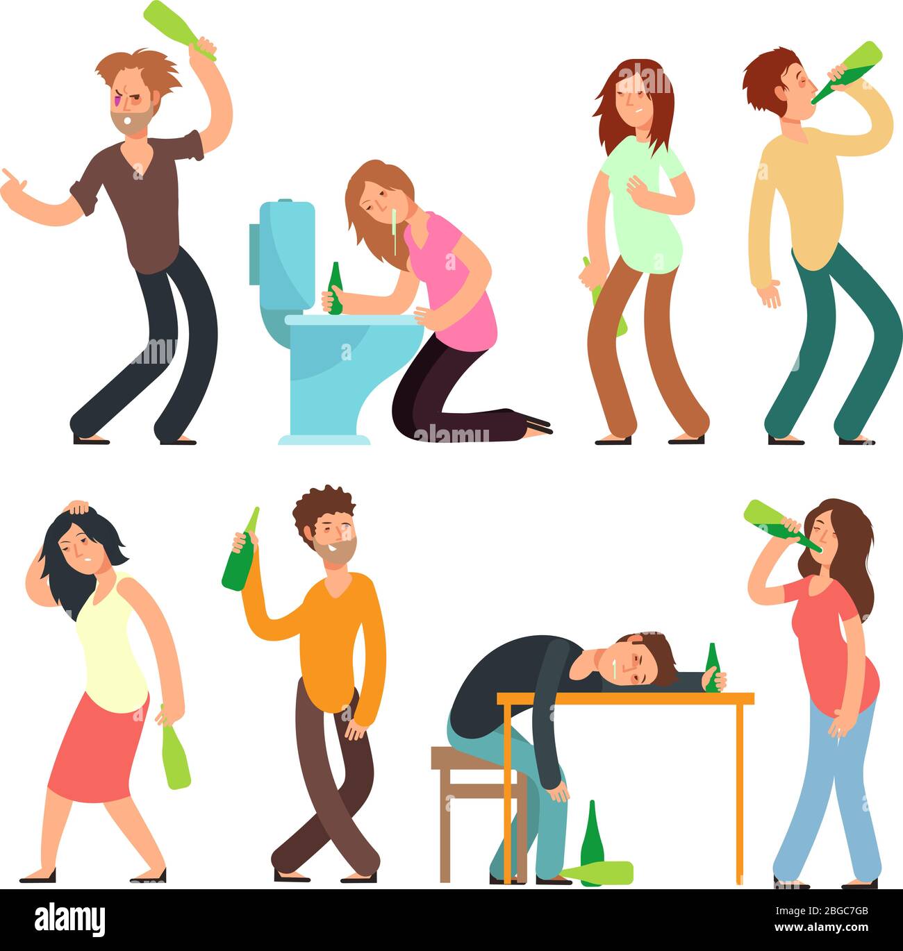 Cartoon man and woman alcoholic. People drunkard in bad situation vector set. Drunkard man, drunk and alcoholic illustration Stock Vector