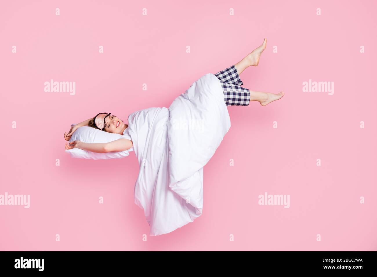 Full length photo of pretty lady enjoy nap lying bed pillow blanket