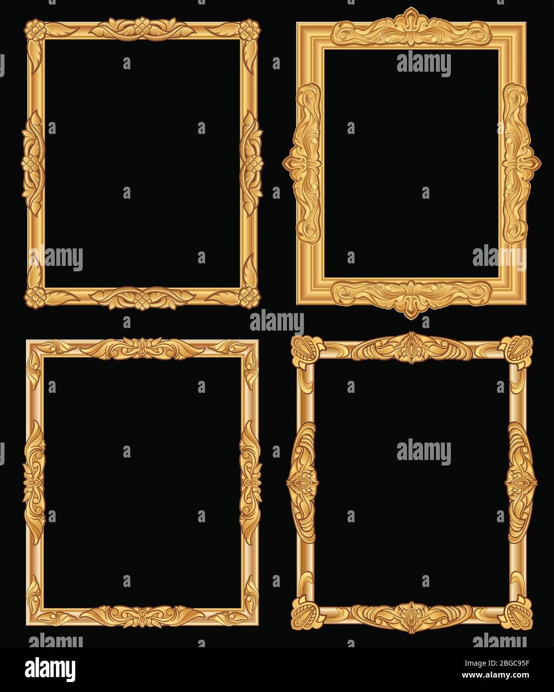 Vintage gold ornate square frames isolated. Retro shiny luxury golden vector borders. Luxury frame carving photo and picture illustration Stock Vector