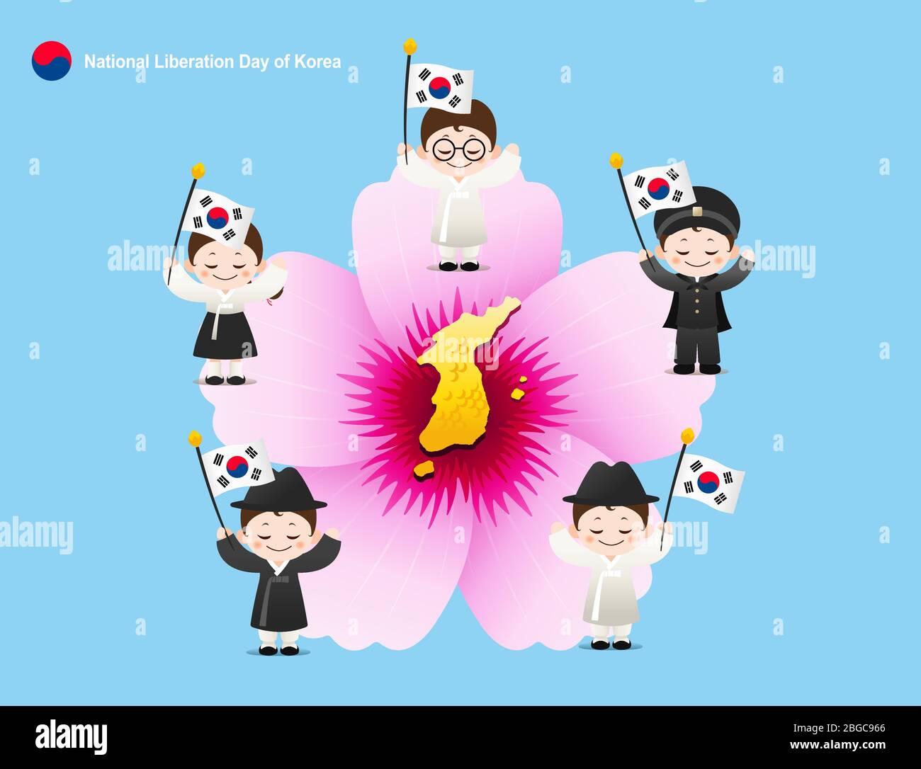 Liberation Day. Korean map, Mugunghwa flower concept design. Hanbok children are holding Taegeukgi. Stock Vector