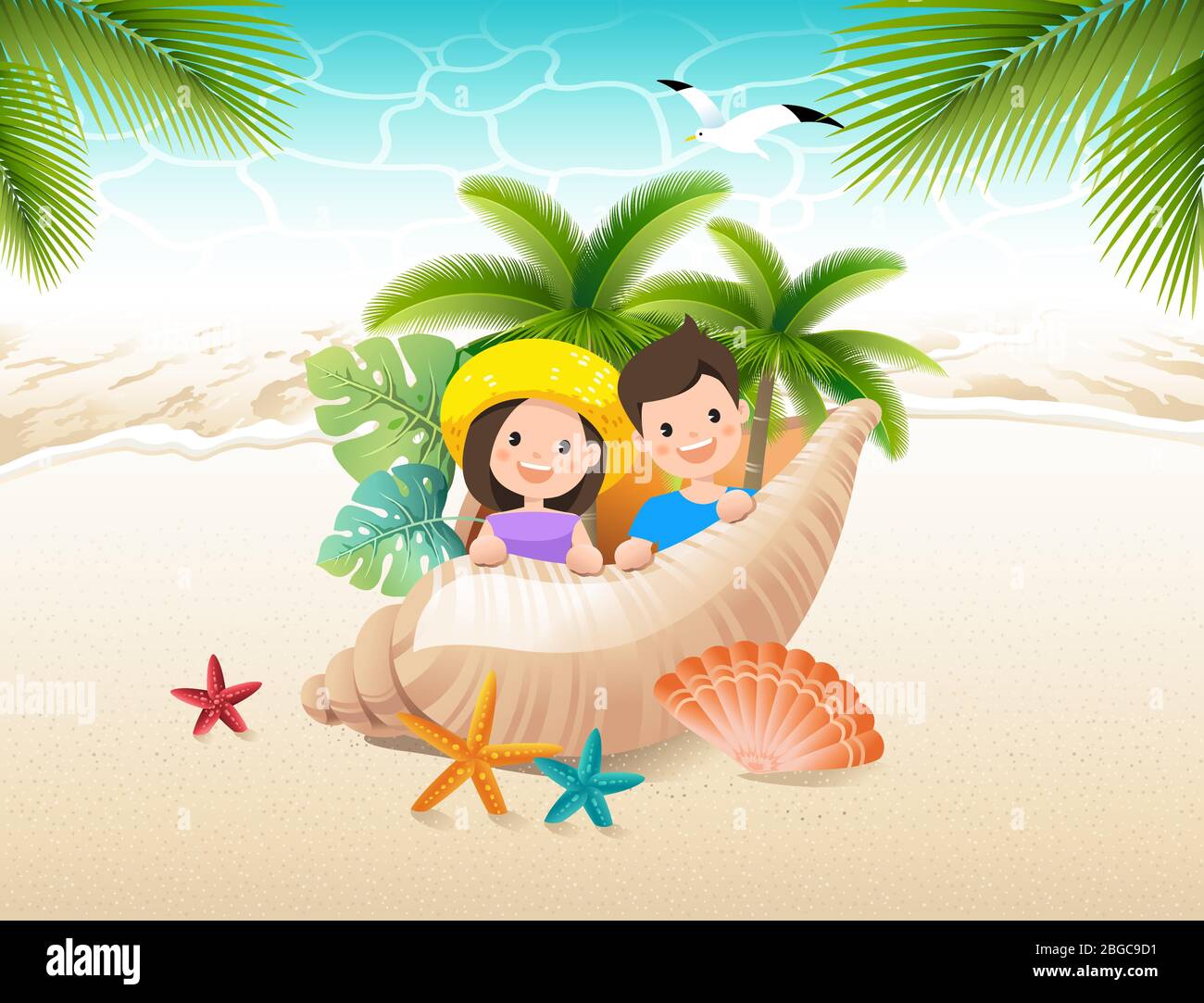 Summer vacation-sunny sea landscape and people inside seashell on sandy beach. Stock Vector
