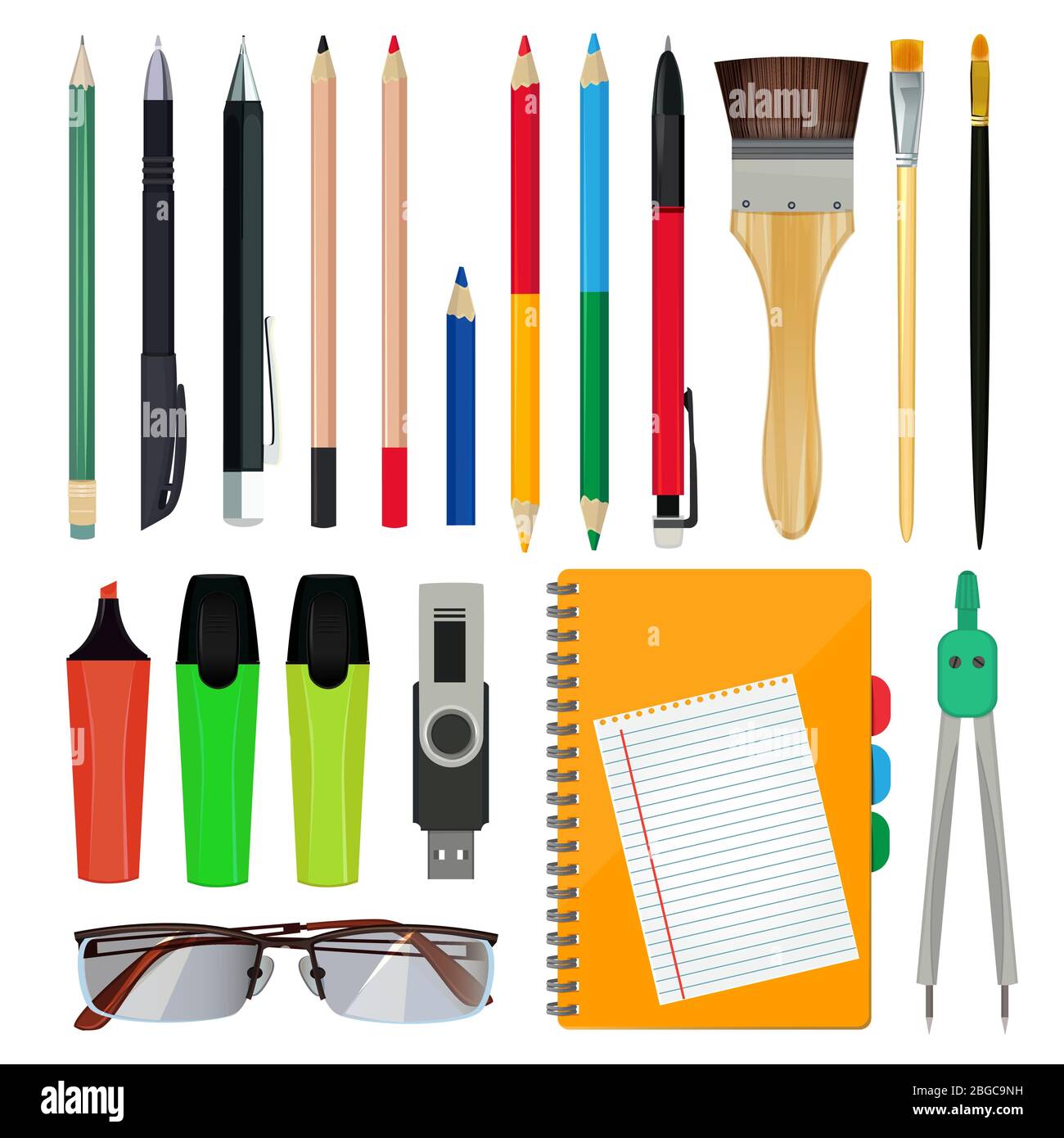 Office stationery or school equipment. Vector illustrations of brush and paper, folder and pencils Stock Vector