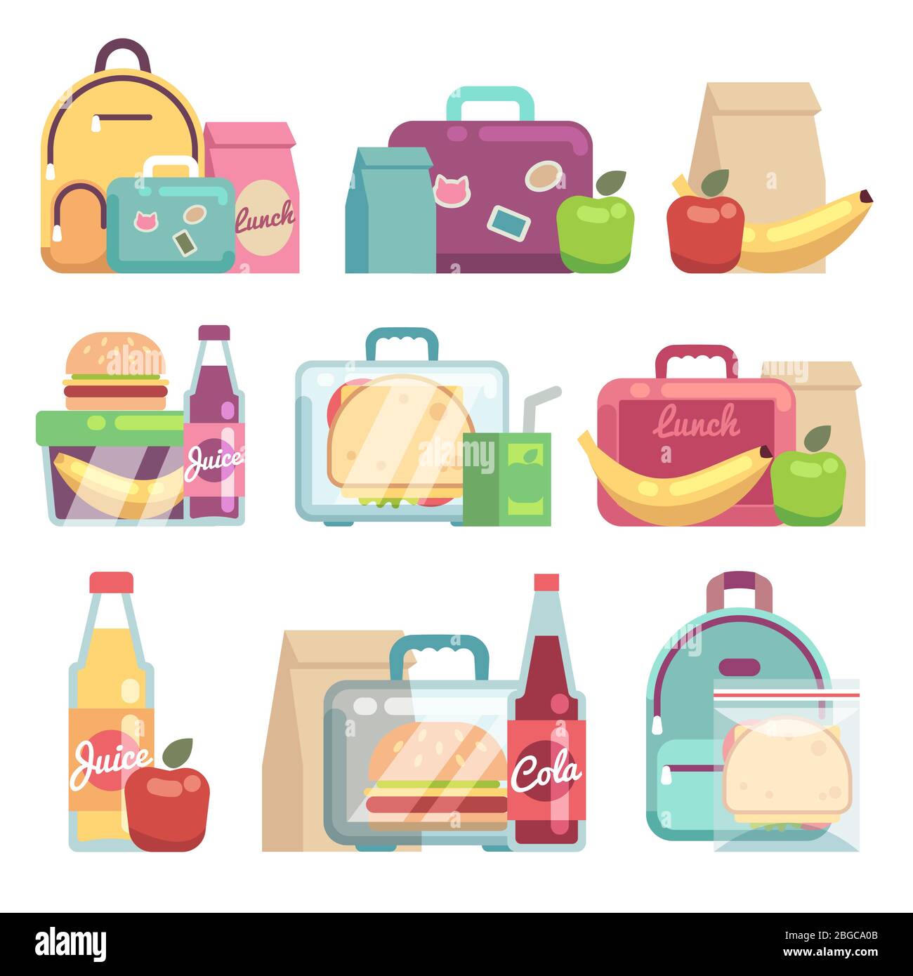 School snacks bags. Healthy food in kids lunch boxes vector set. Sandwich and snack in lunch box illustration Stock Vector