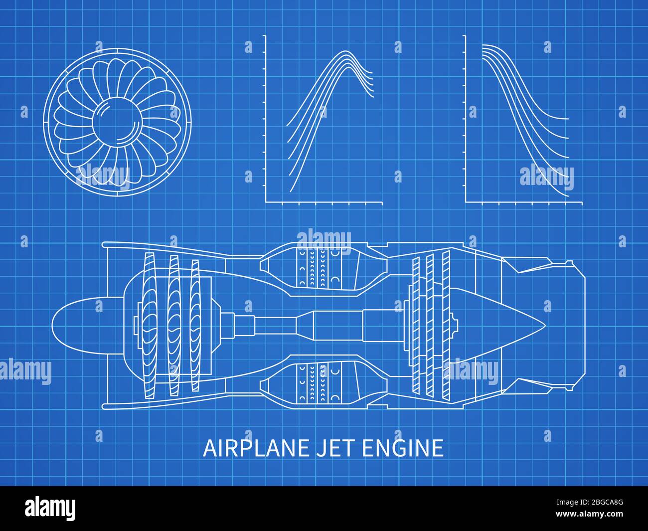 Airplane jet engine with turbine vector blueprint design. Illustration of air engine and turbine plan drawing blueprint Stock Vector