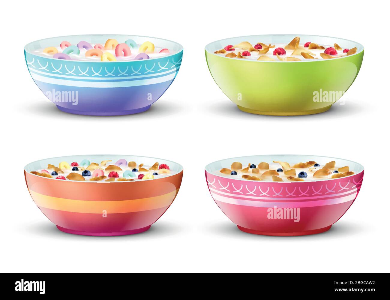 Bowls of breakfast with different milk cereal snacks. Vector set. Breakfast food milk and muesli in bowl illustration Stock Vector