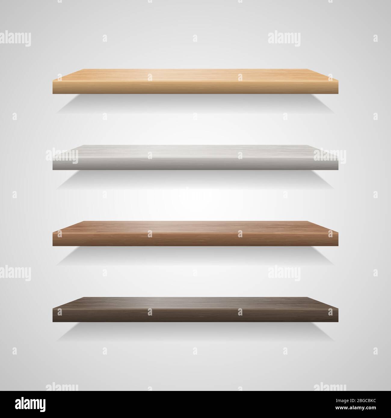 Set of wood shelves on grey background Stock Vector