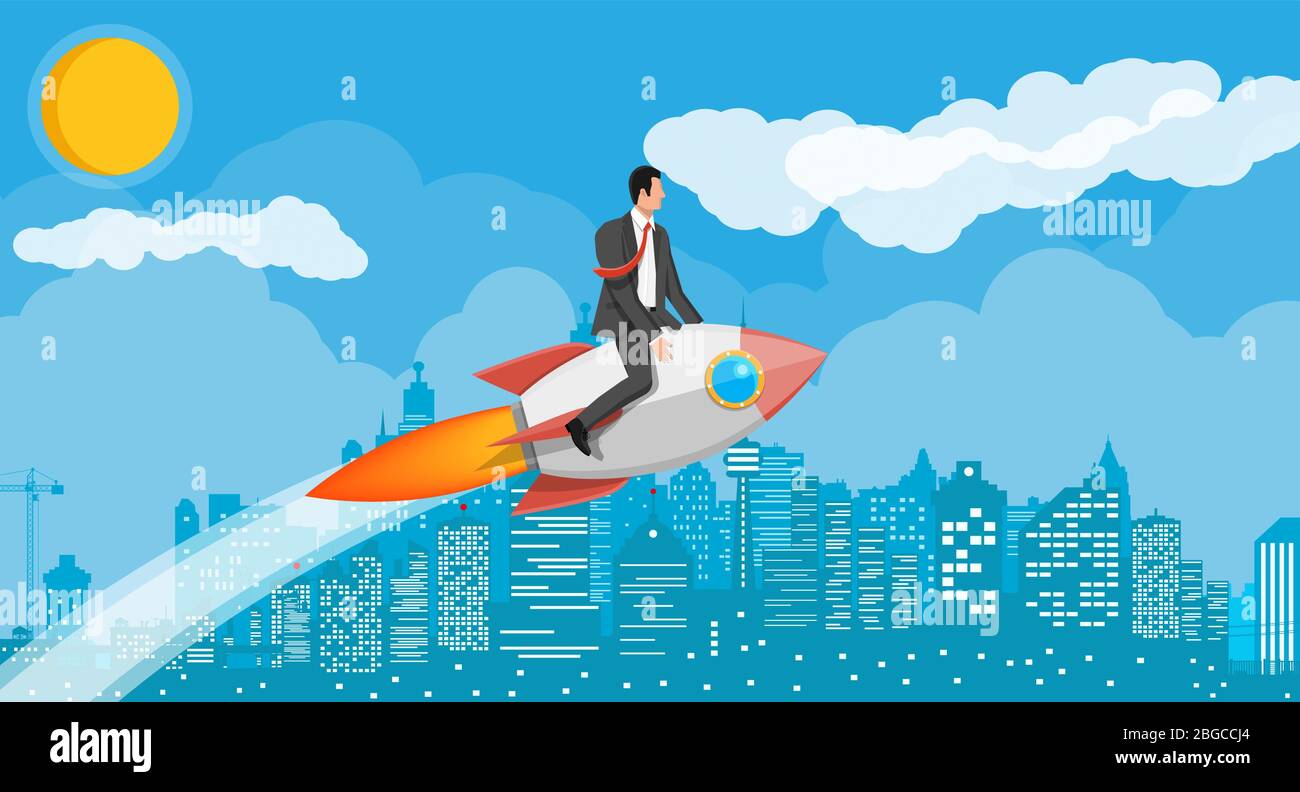 Successful business man flying on rocket on graph going up to target ...