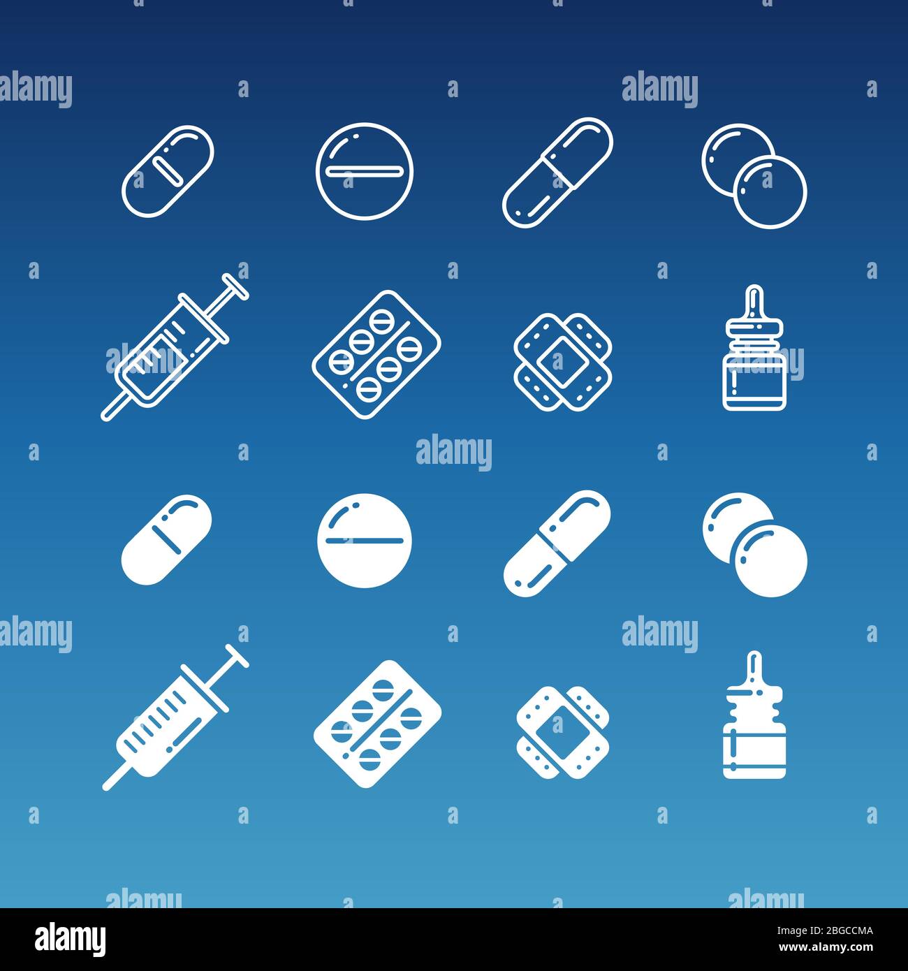 Medication linear and silhouette icons - pills drugs bottles. Vector illustration Stock Vector