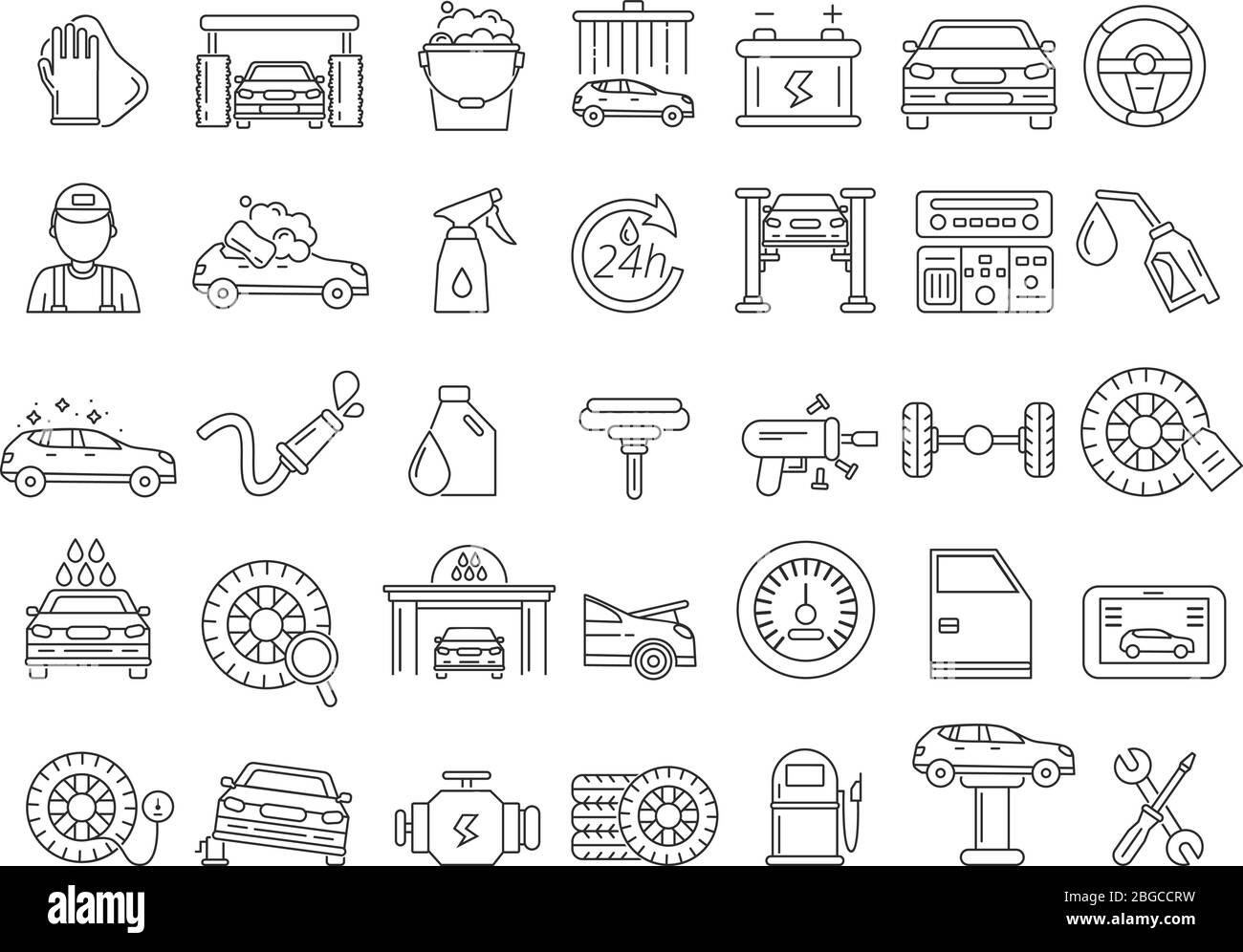 Vector mono line pictures of automobile parts. Repair car services Stock Vector