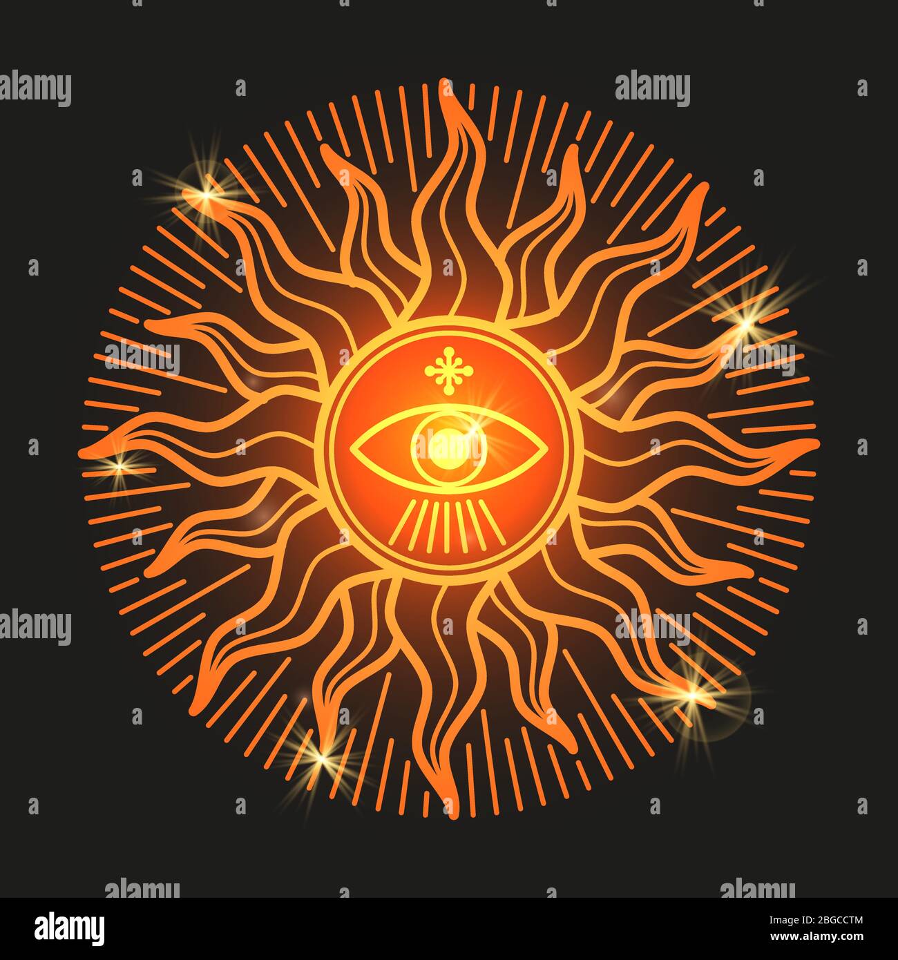 Esoteric mystery shiny sun sign on black background. Vector illustration Stock Vector