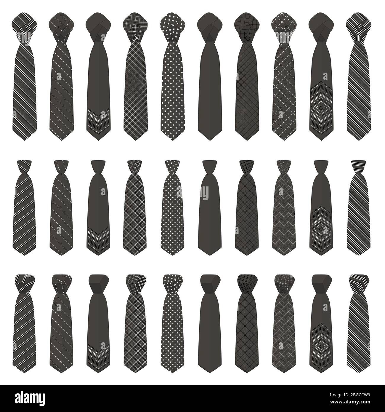 Illustration on theme big set ties different types, neckties various size. Tie pattern