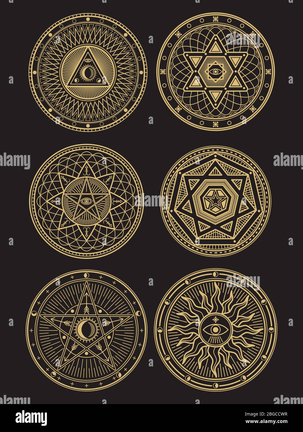 Golden occult, mystic, spiritual, esoteric vector symbols on black background. Vector illustration Stock Vector