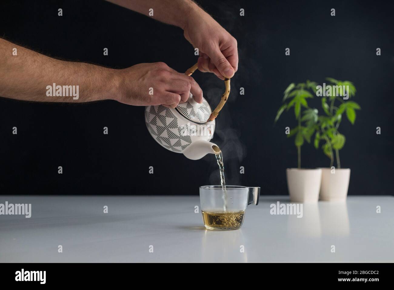 White table with Marijuana plant in pottery. Hand pouring hot CBD tea