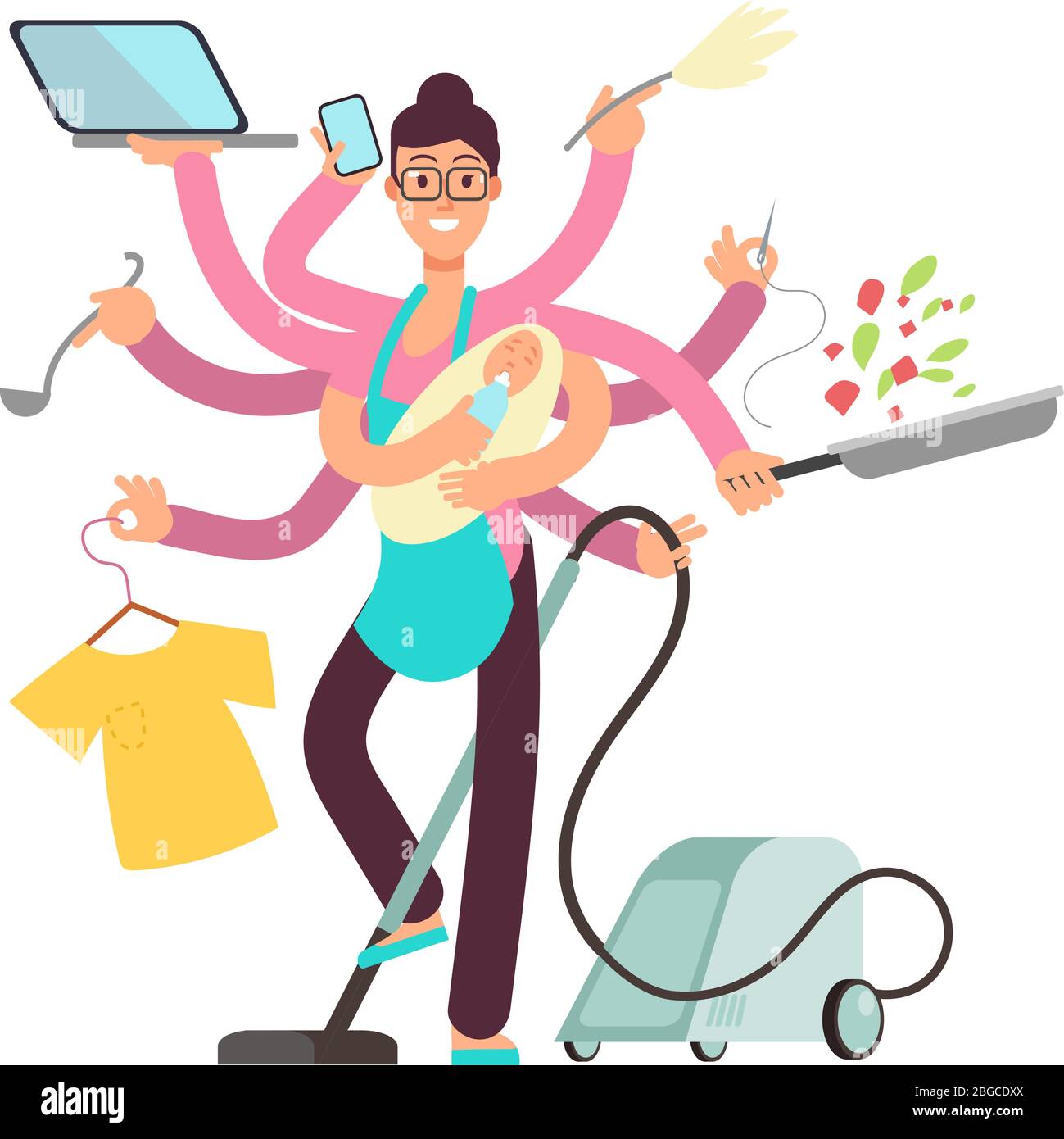 Super busy mother working and cooking simultaneously vector concept. Busy and cooking, mother with baby and work illustration Stock Vector