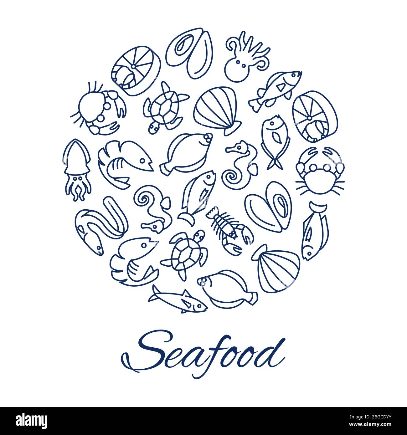 Seafood line icons round concept with fishes oyster crabs isolated on white background. Seafood shrimp and oyster, fish and lobster. Vector illustration Stock Vector