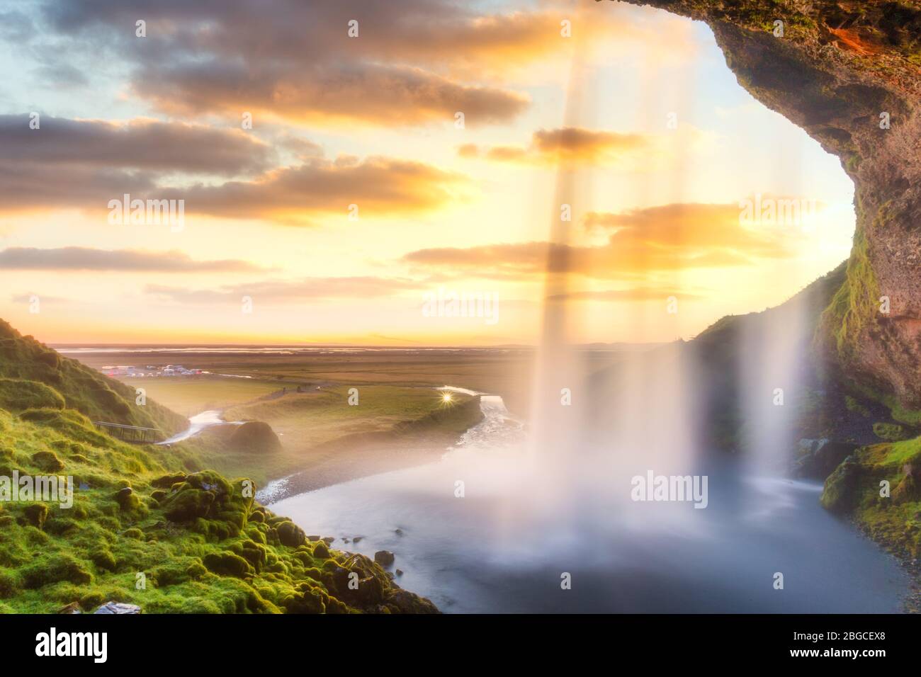 Seljalandsfoss waterfall at sunset, Iceland, Europe Stock Photo - Alamy