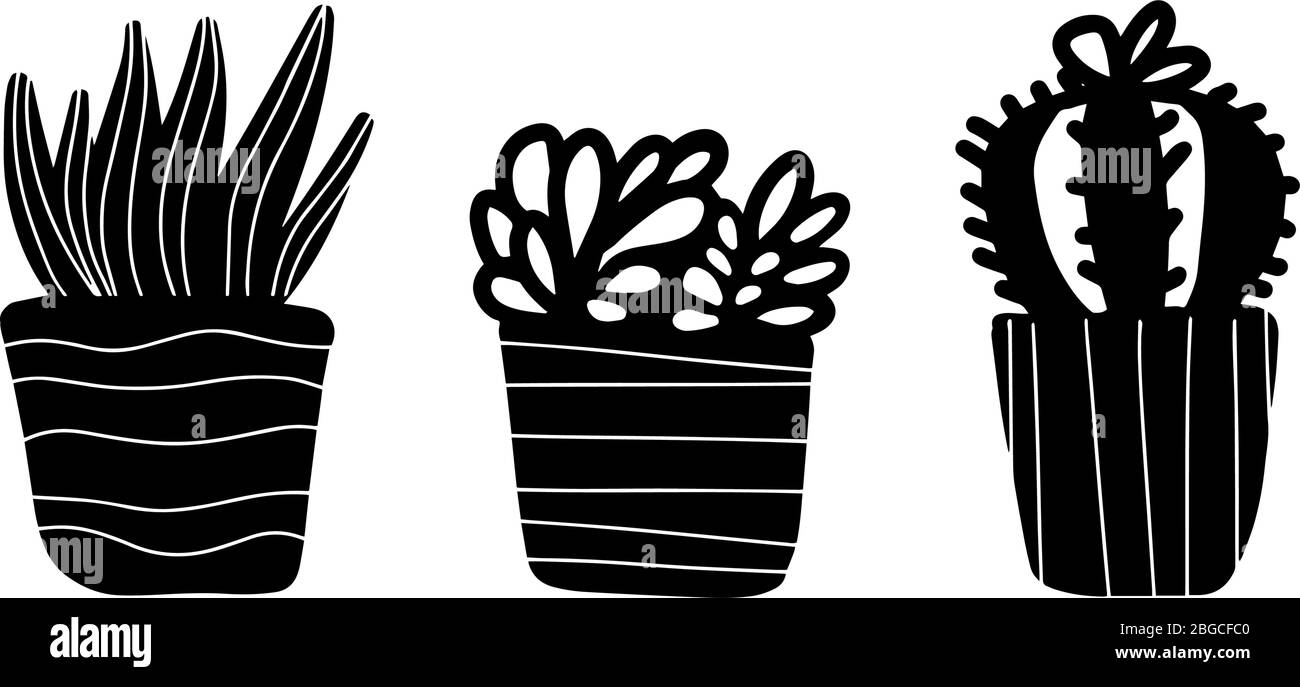 Set of cute hand drawn house plants in pots in doodle cartoon style ...