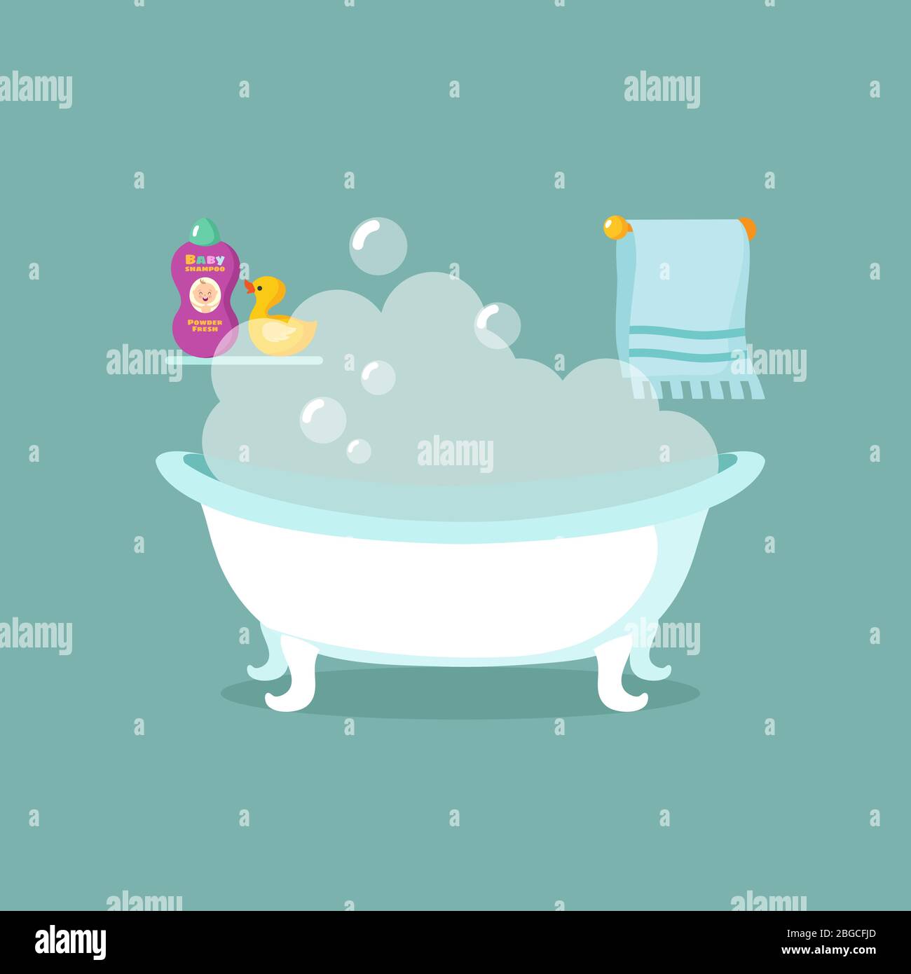 Bathroom cartoon vector interior with bathtub full of foam and shower. Illustration of bath