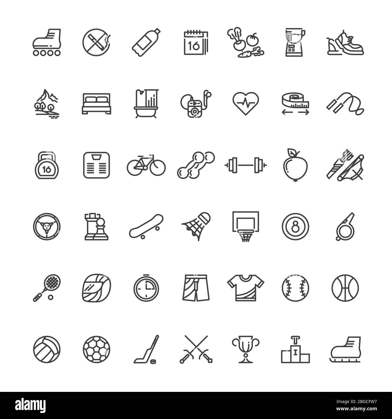 Sports fitness outline symbols. Sports equipment thin line vector icons. Sport and fitness equipment outline linear style illustration Stock Vector