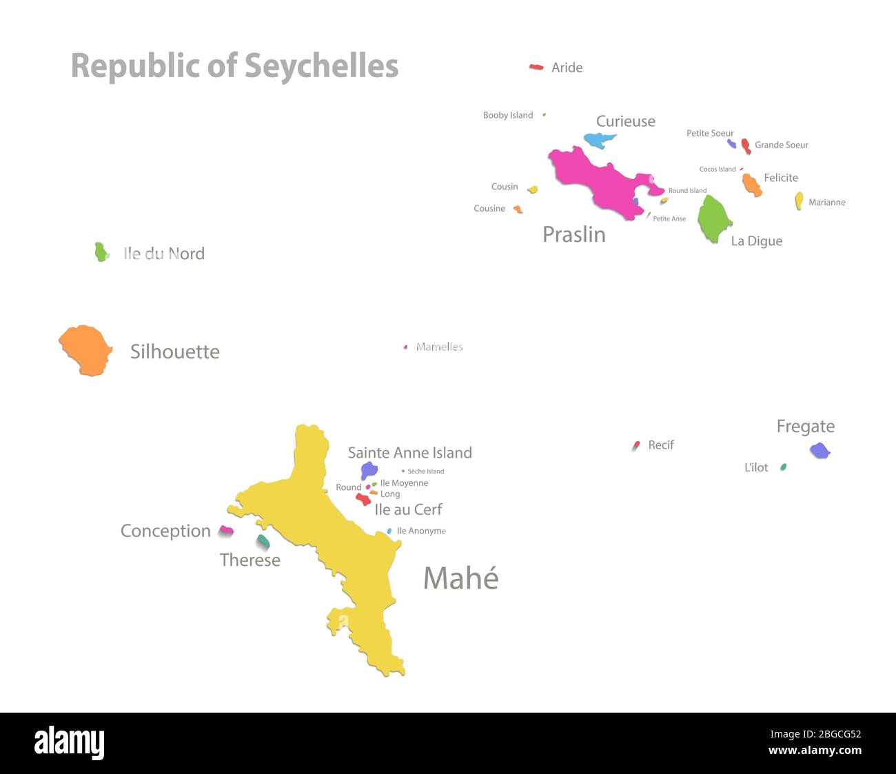 Seychelles map, administrative division with region names, color map isolated on white
