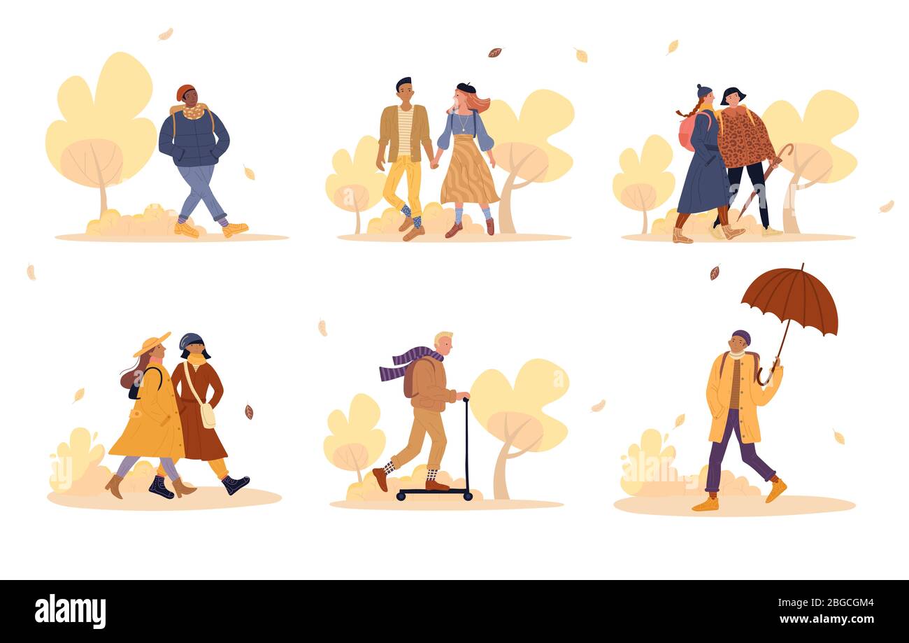 Diverse nation people bundle walk in fall park Stock Vector