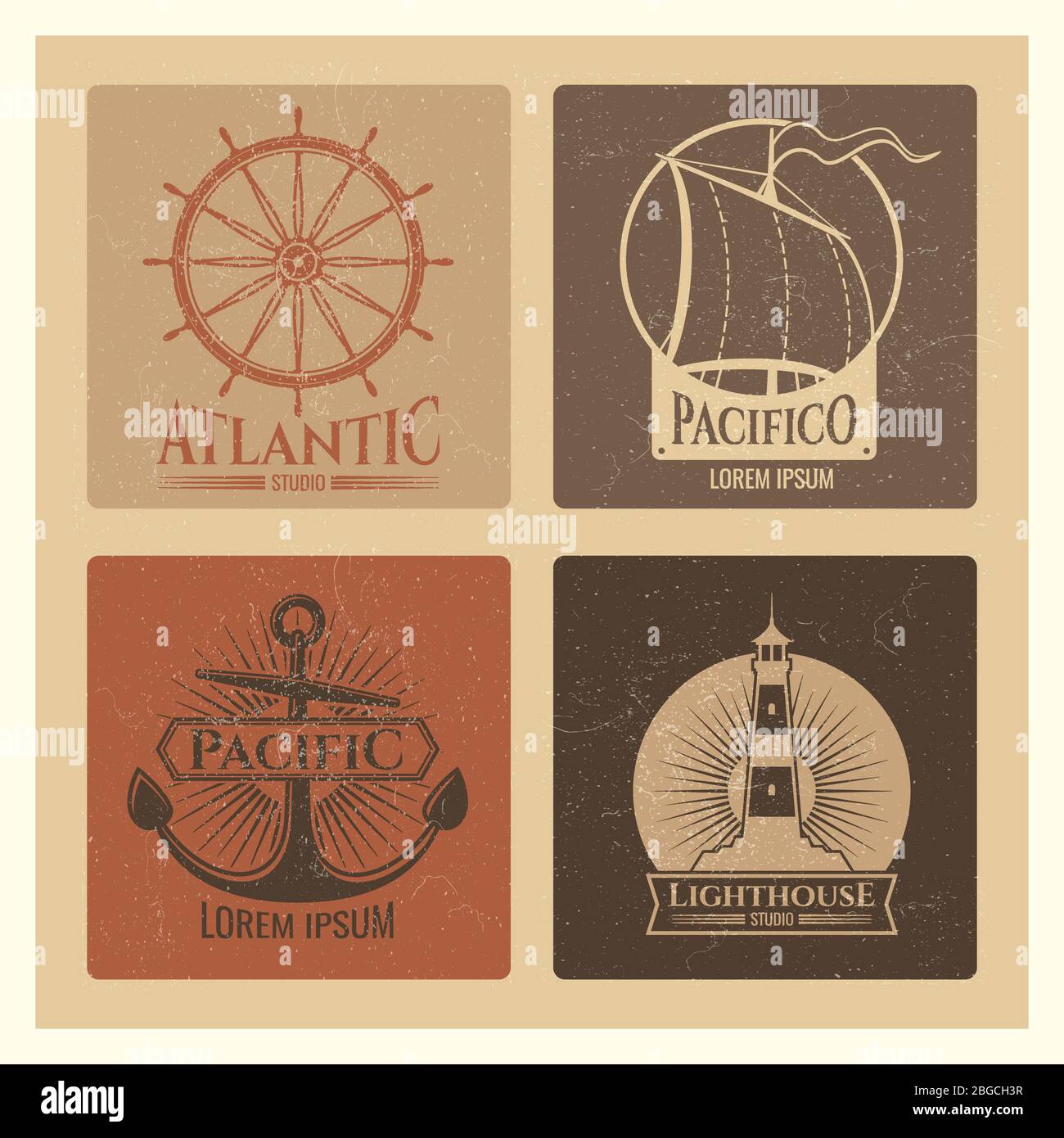 Vintage nautical labels with light house, sea boat and anchors. Old grunge navy banners. Vector illustration Stock Vector