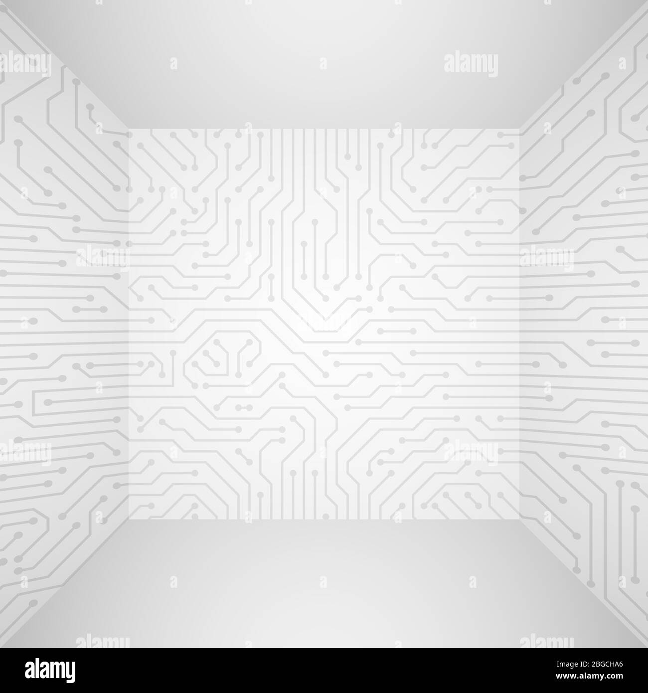 Abstract modern white technology 3d vector background with circuit board pattern. Information tech company concept. Technology circuit background, connect board integration space illustration Stock Vector