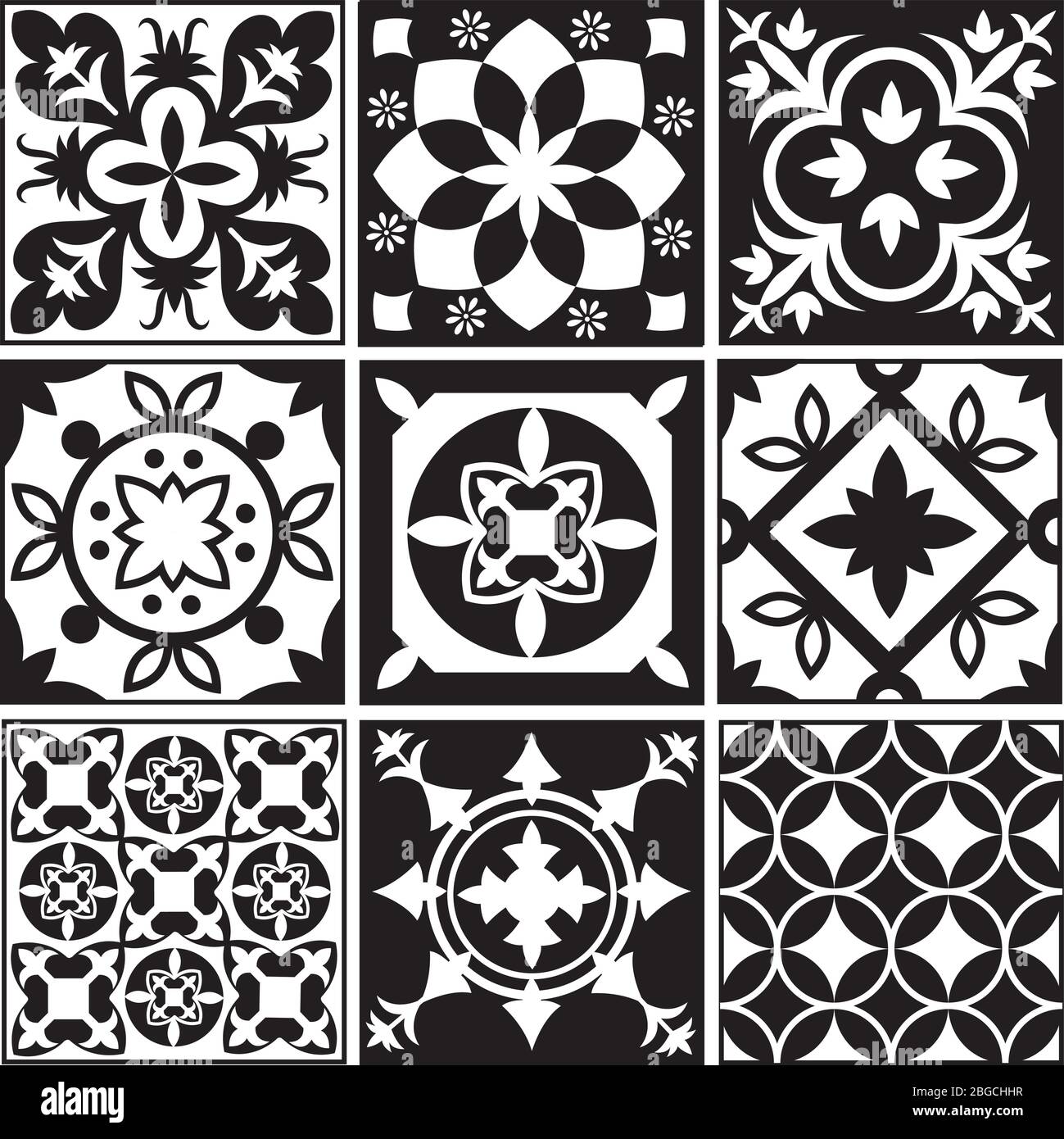 Vintage monochrome repeating tiles. Moroccan mediterranean tiled floor vector patterns. Illustration of tile mosaic arabesque monochrome Stock Vector